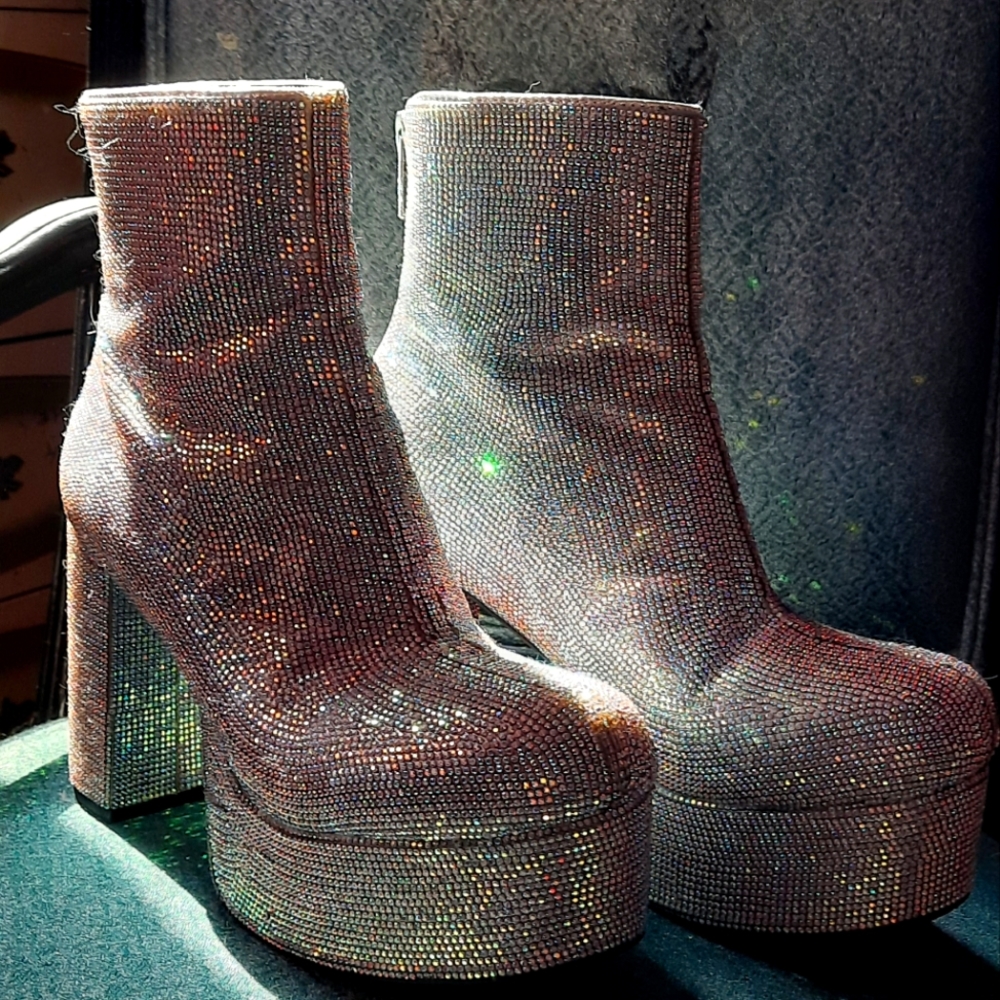 DOLLS KILL Rhinestone-encrusted platform ankle boots.